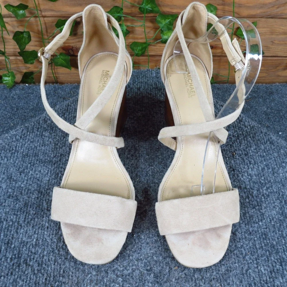 Michael Kors PV20C Women‎ Wedge Sandals Sz 9.5M Dress Casual Beige Suede Strappy